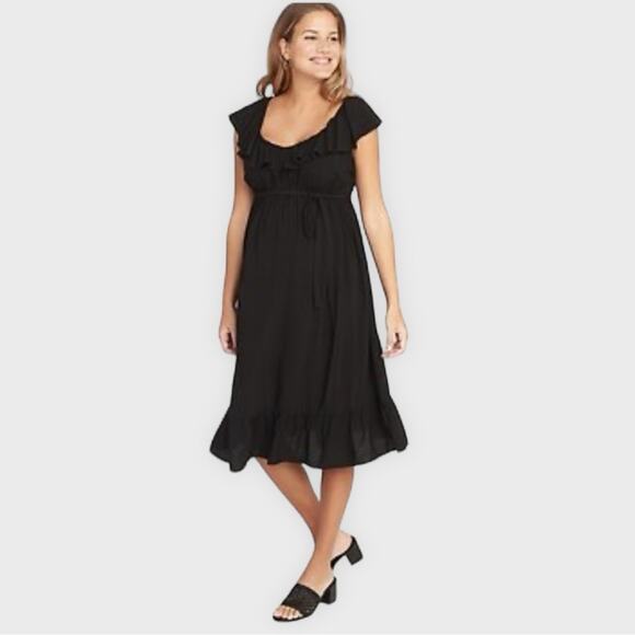 Old Navy Dresses & Skirts - NWT OLD NAVY Maternity Ruffled Waist-Defined Tie-Belt Midi Dress Black Size XL